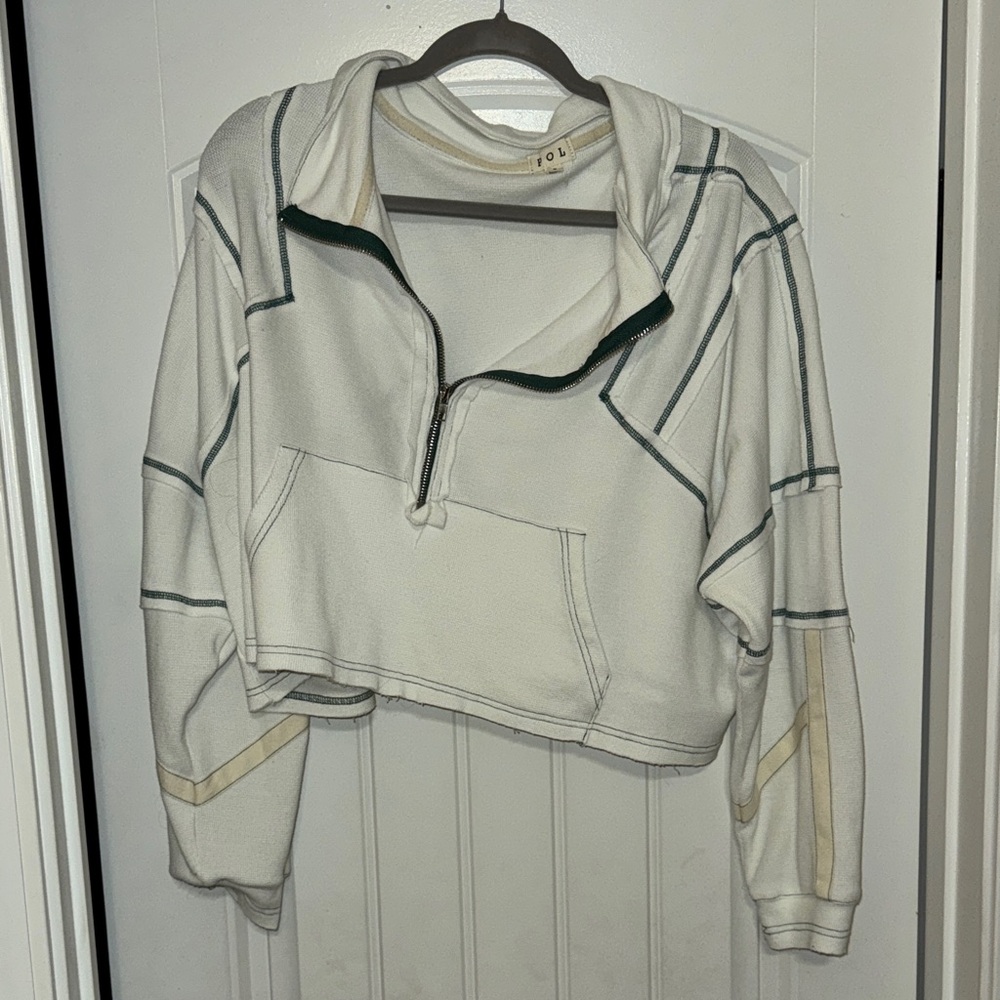 Women's White and Green Striped Sweater